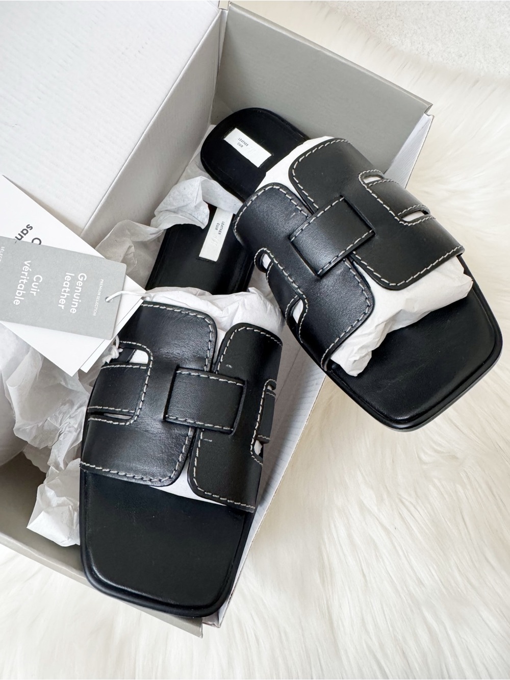 H&M Black genuine leather Slide Sandals